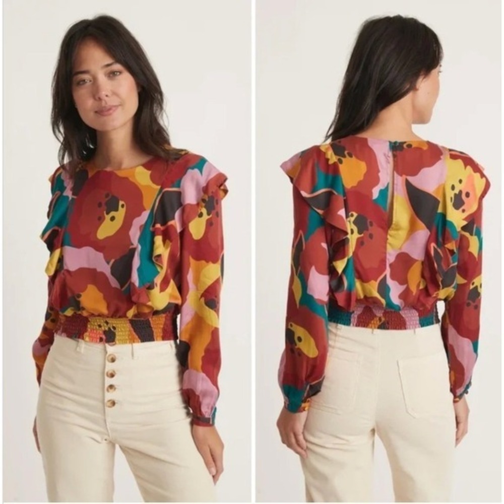 Marine Layer Brooklyn Blouse XS/S Exploded Floral Long Sleeve Ruffle Romantic